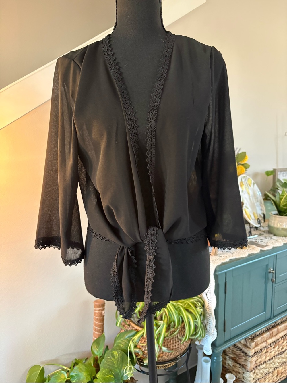 Black Lace-Trim Sheer Tie-Front Blouse